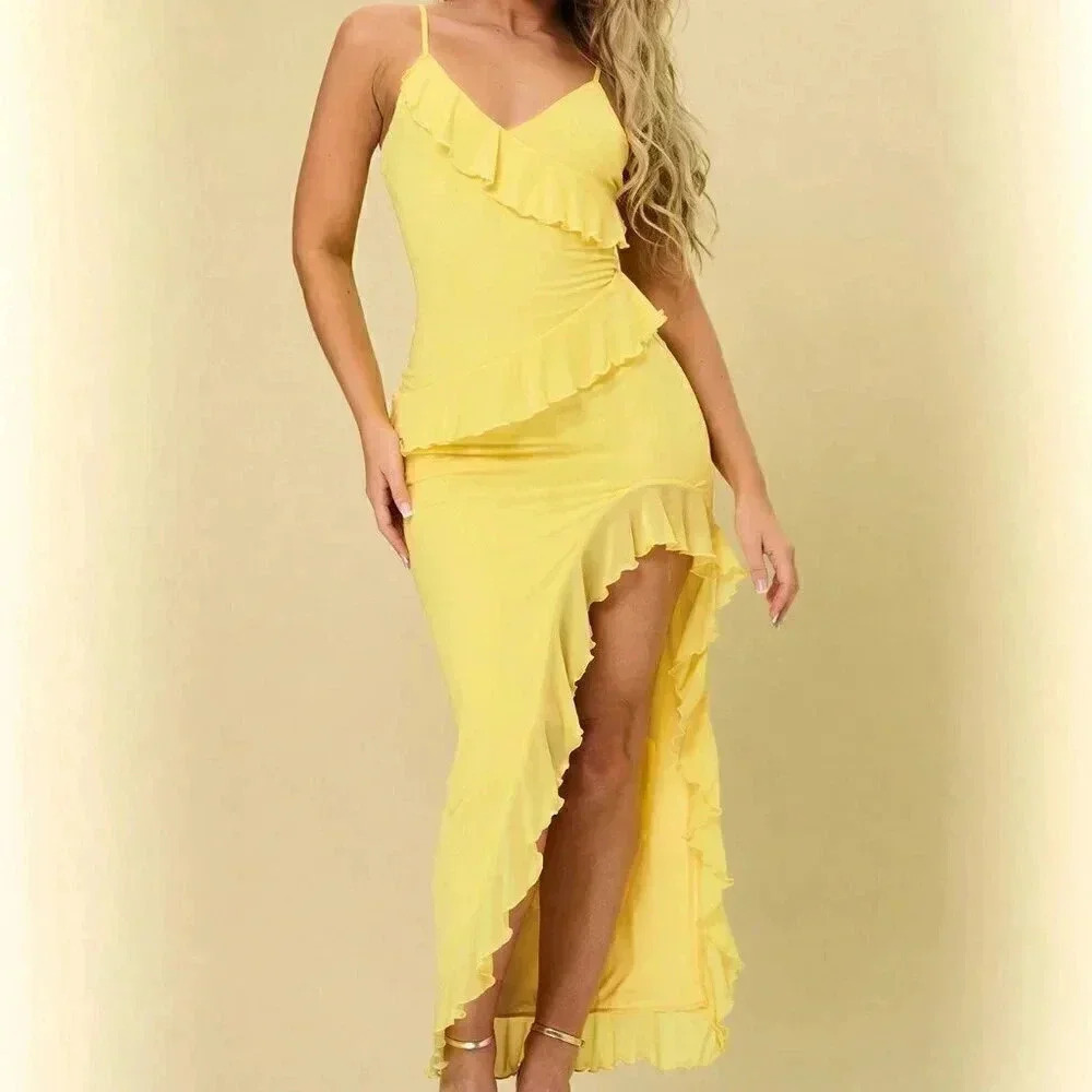 Yellow Boho Women's Solid Color High Slit Halter Neck Dress With Ruffle Hem